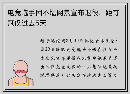 电竞选手因不堪网暴宣布退役，距夺冠仅过去5天