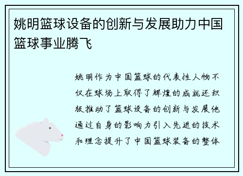 姚明篮球设备的创新与发展助力中国篮球事业腾飞