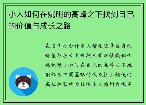 小人如何在姚明的高峰之下找到自己的价值与成长之路
